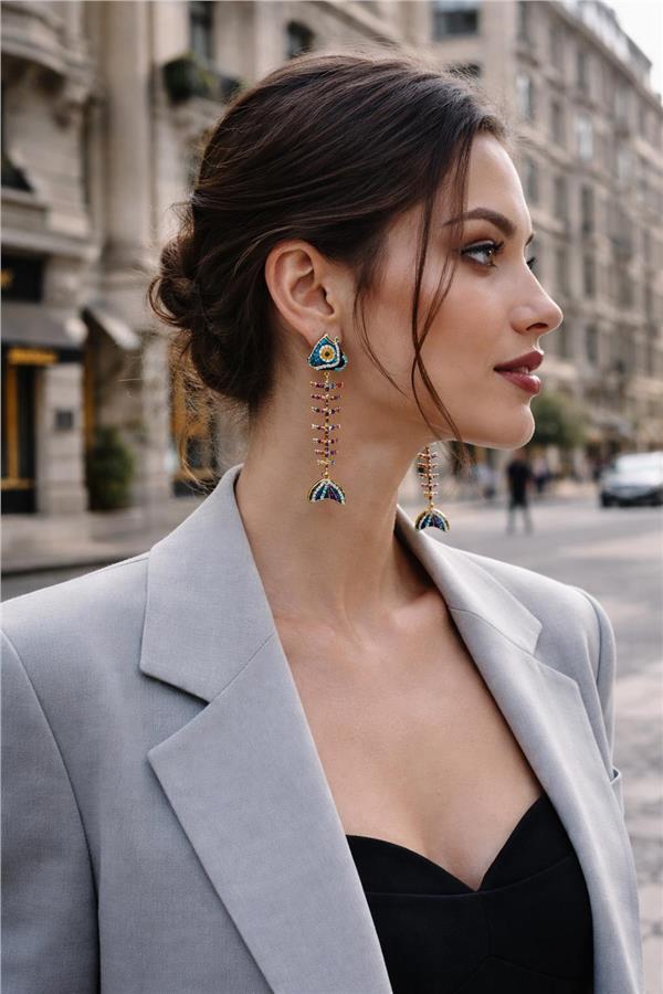 Stella Renkli Taşlı Mineli Balık Kılçığı Küpe